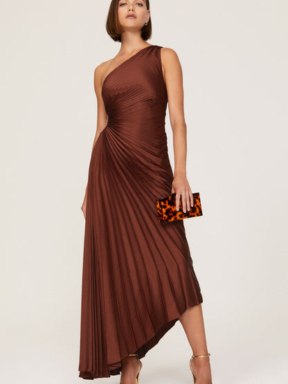 One Shoulder Sun Pleated Satin Dress- Brown