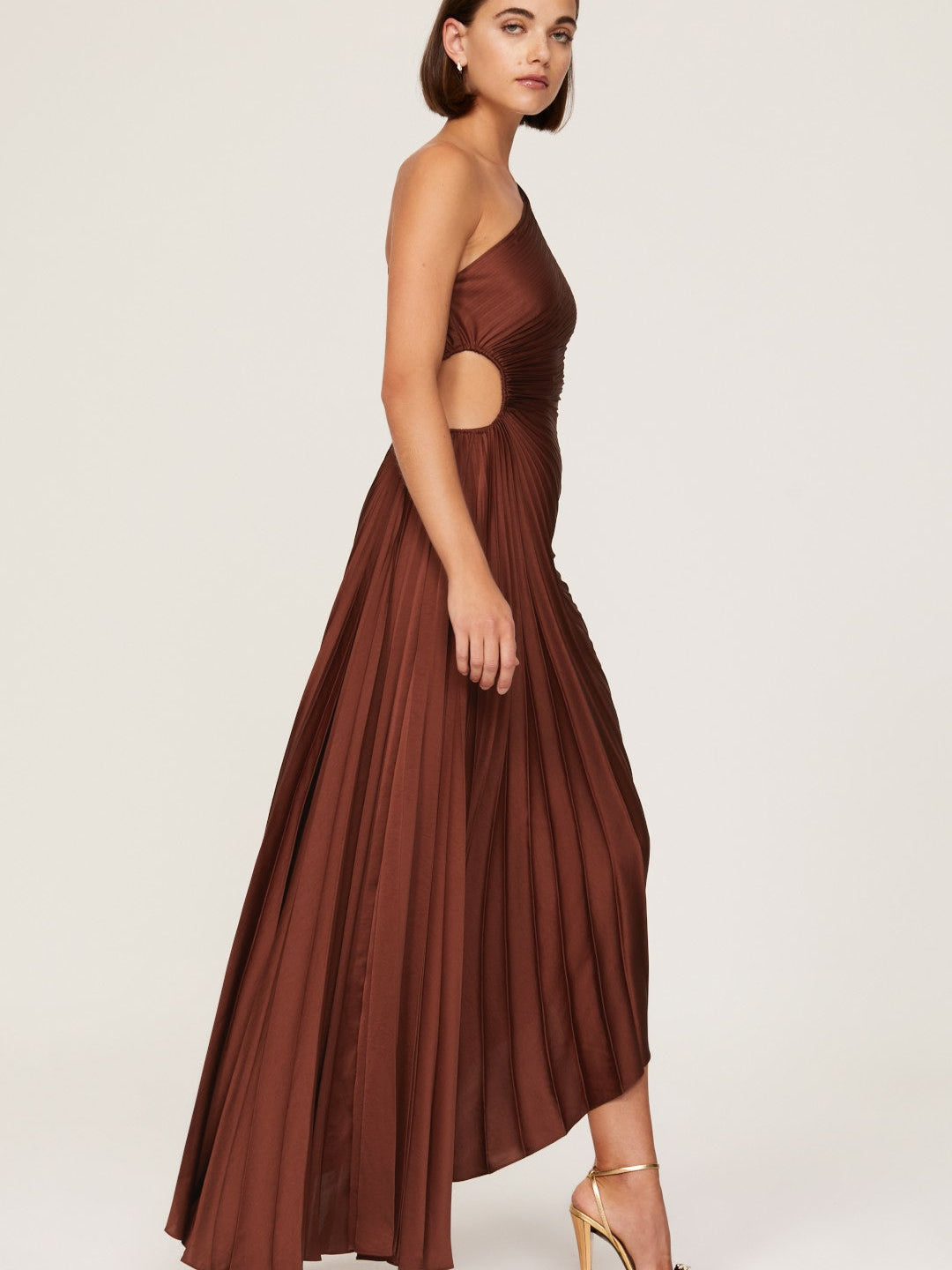 One Shoulder Sun Pleated Satin Dress- Brown