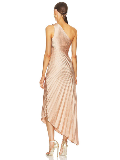One Shoulder Sun Pleated Satin Dress - Apricot