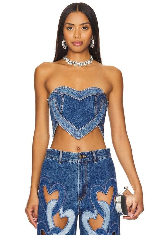 Blue Loving Heart Stitching Sexy Denim Top