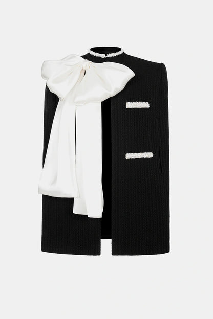 Abene Bow Beaded Embellished Knit Cape - Black