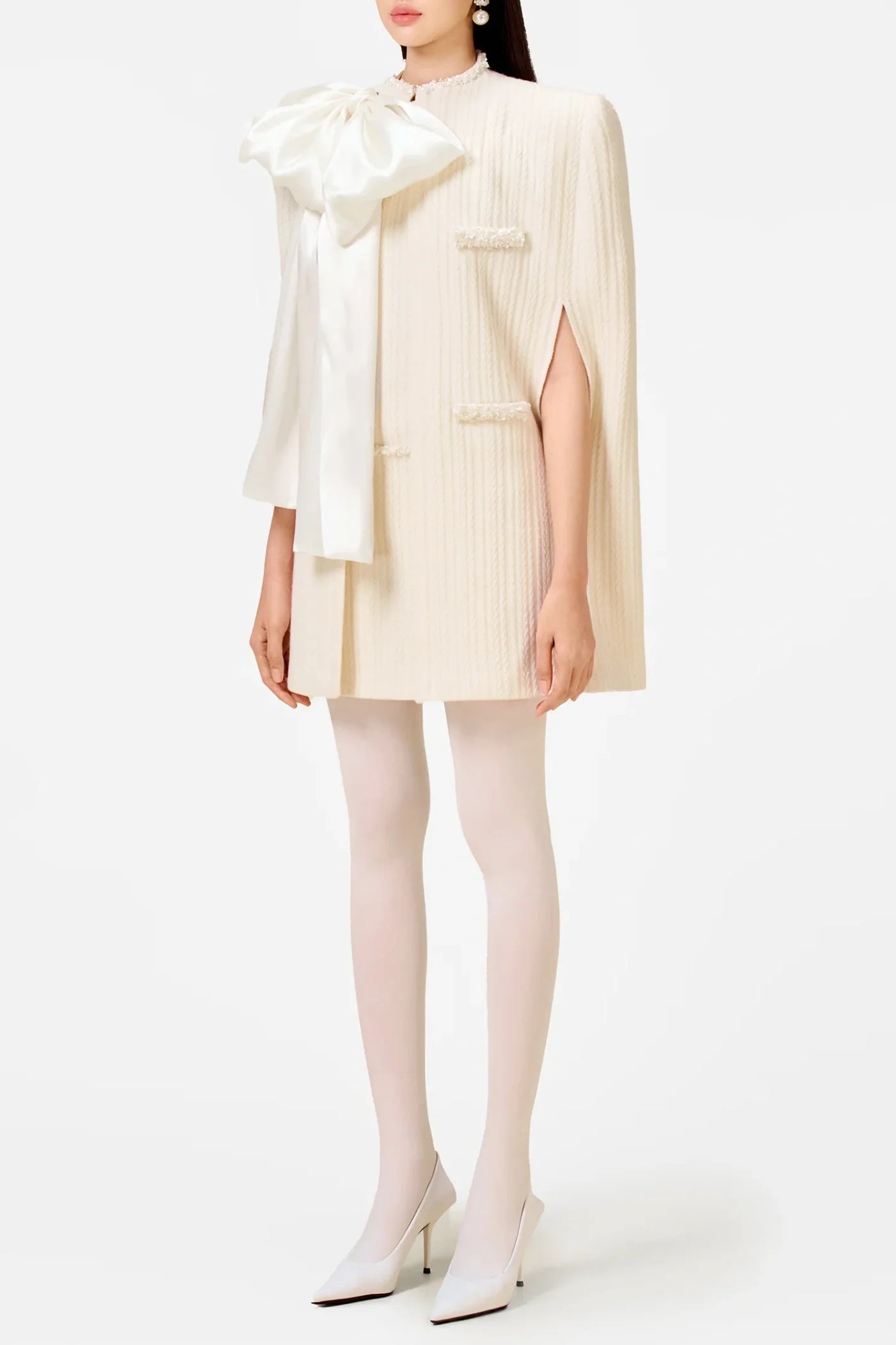 Abene Bow Beaded Embellished Knit Cape - White