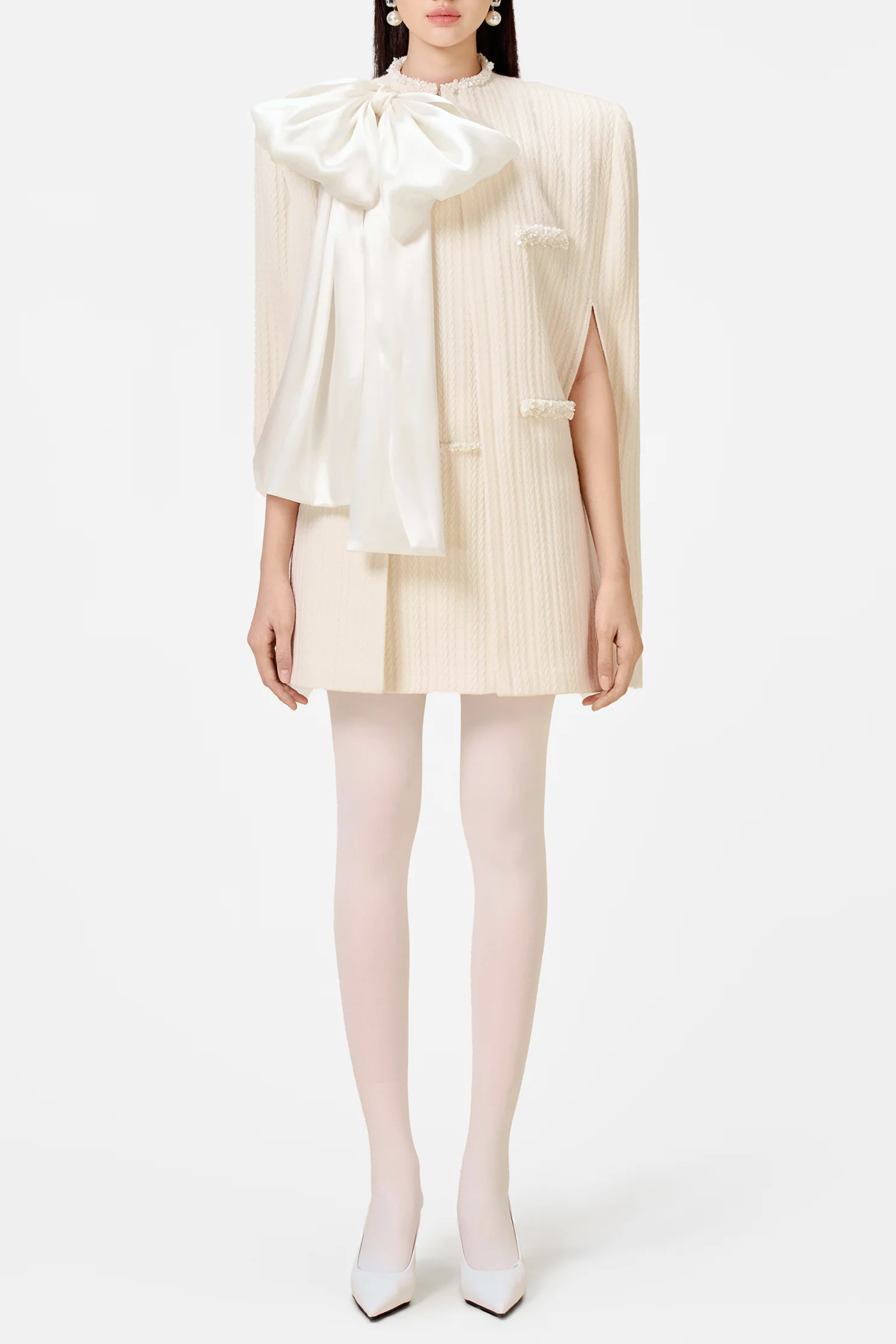 Abene Bow Beaded Embellished Knit Cape - White