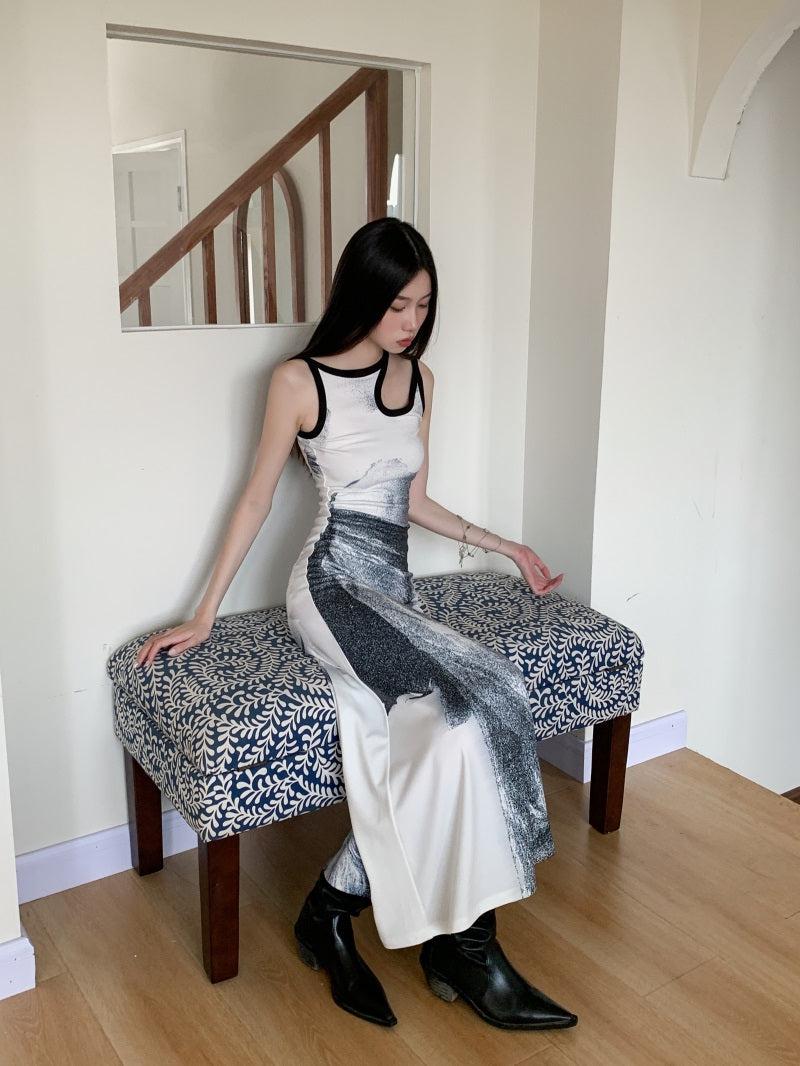 Abstract Graphic Print Sleeveless Cutout Detail Tank Maxi Dress