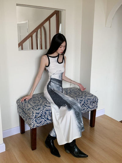Abstract Graphic Print Sleeveless Cutout Detail Tank Maxi Dress