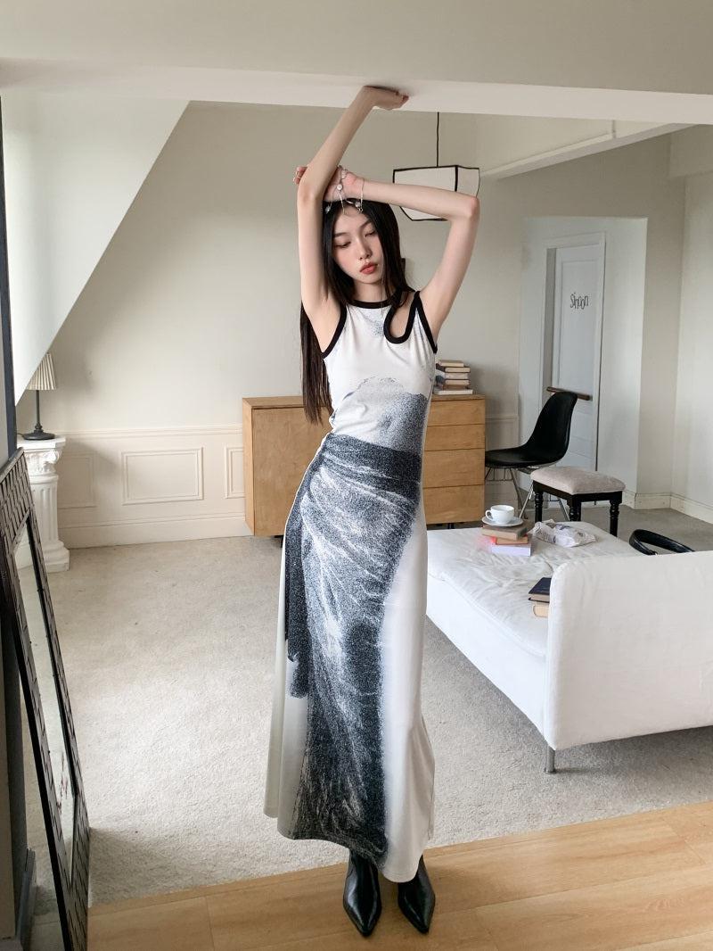 Abstract Graphic Print Sleeveless Cutout Detail Tank Maxi Dress