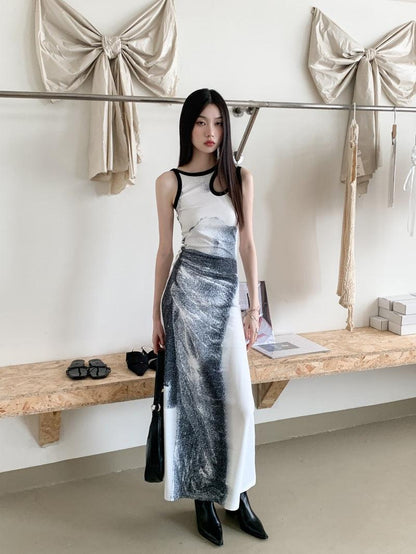 Abstract Graphic Print Sleeveless Cutout Detail Tank Maxi Dress