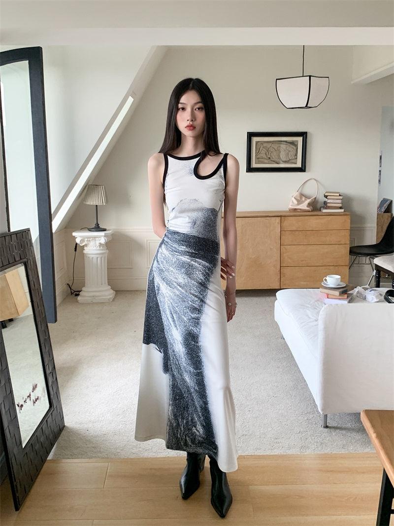 Abstract Graphic Print Sleeveless Cutout Detail Tank Maxi Dress