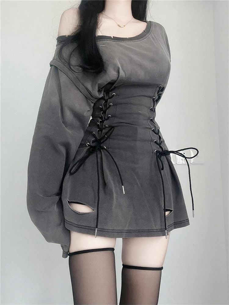 Boat Neck Side Lace-Up Corset Waist Distressed Cutout Mini Dress