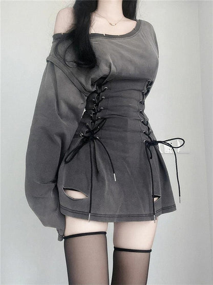 Boat Neck Side Lace-Up Corset Waist Distressed Cutout Mini Dress
