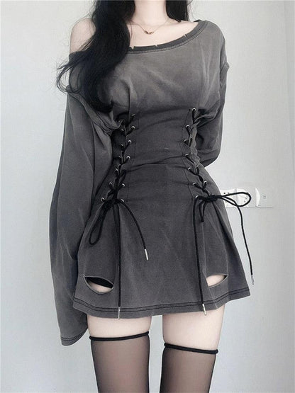 Boat Neck Side Lace-Up Corset Waist Distressed Cutout Mini Dress