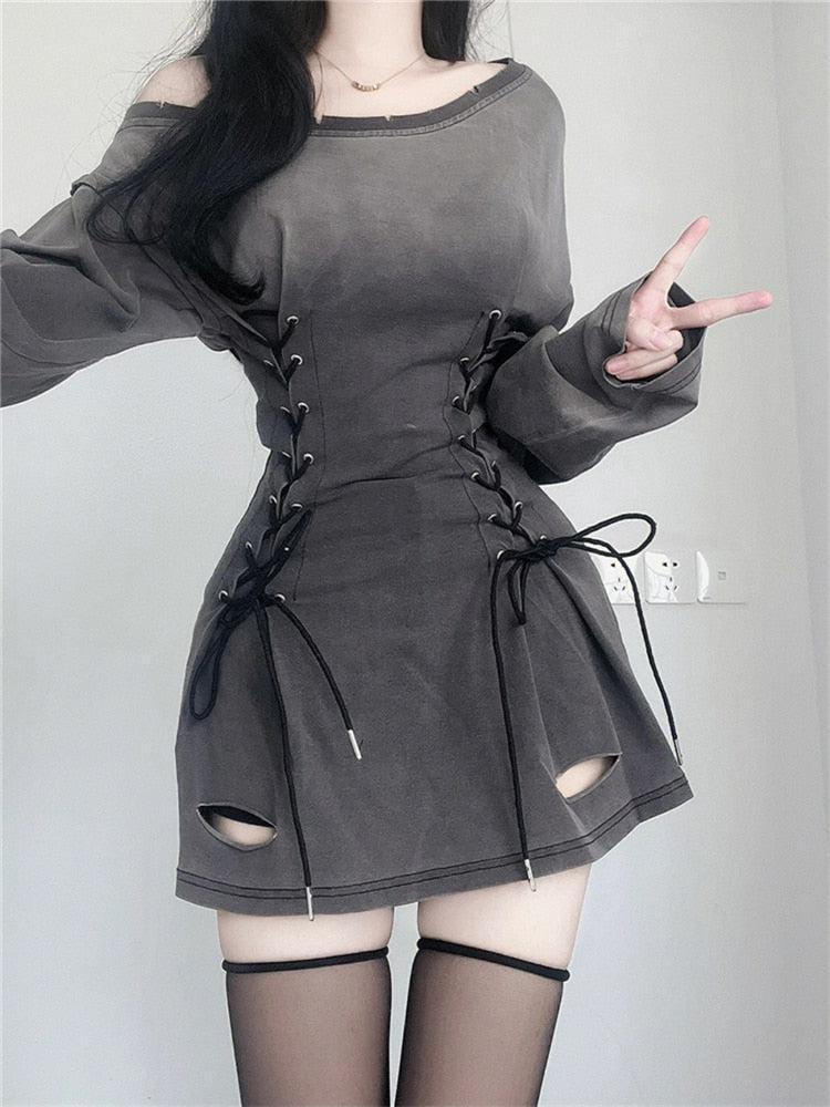 Boat Neck Side Lace-Up Corset Waist Distressed Cutout Mini Dress