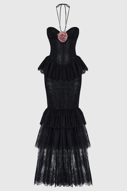 Adalira Halter Flower Lace Corset Maxi Dress