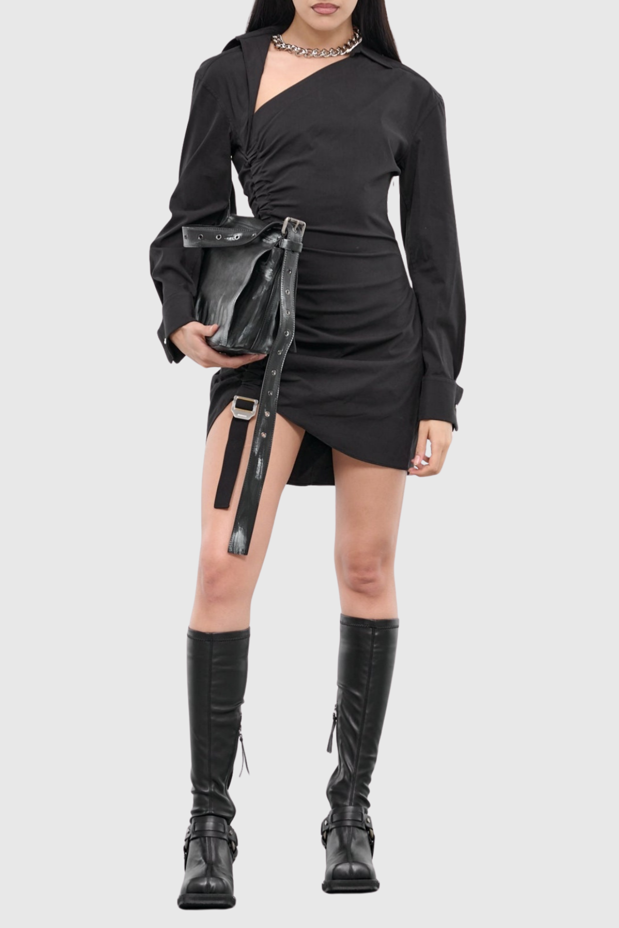 Adamar Asymmetric Buckle Ruched Mini Shirt Dress