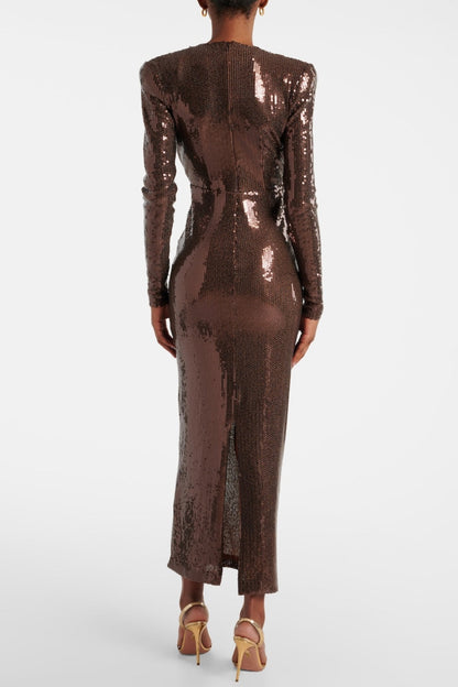 Addie Gathered Sequin V-neck Midi Dress