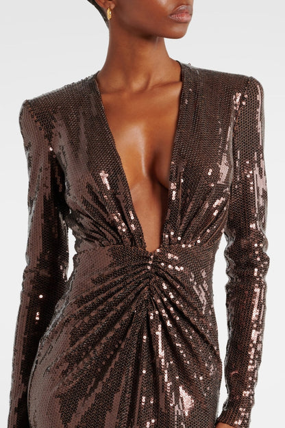 Addie Gathered Sequin V-neck Midi Dress