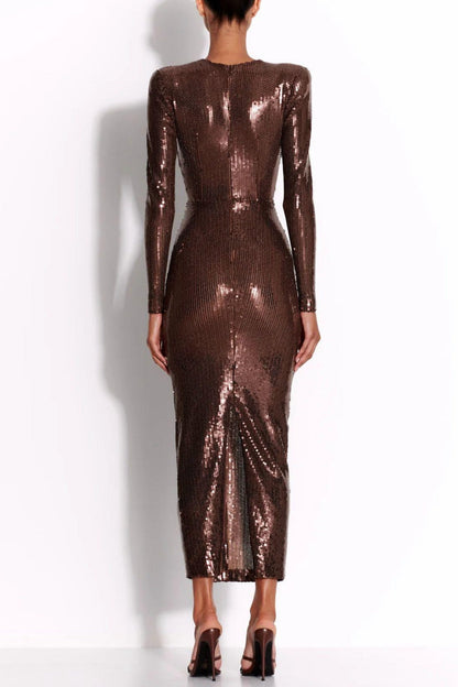 Addie Gathered Sequin V-neck Midi Dress