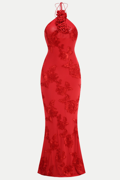 Aenkins Floral Halter Maxi Dress - Red