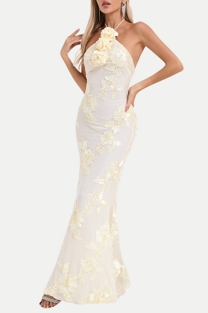 Aenkins Floral Halter Maxi Dress - Beige