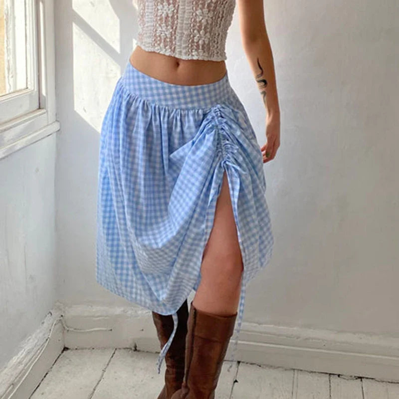 Plaid Drawstring Maxi Skirt