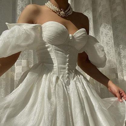 Off Shoulder Puff Sleeve Corset Button Front Ball Gown
