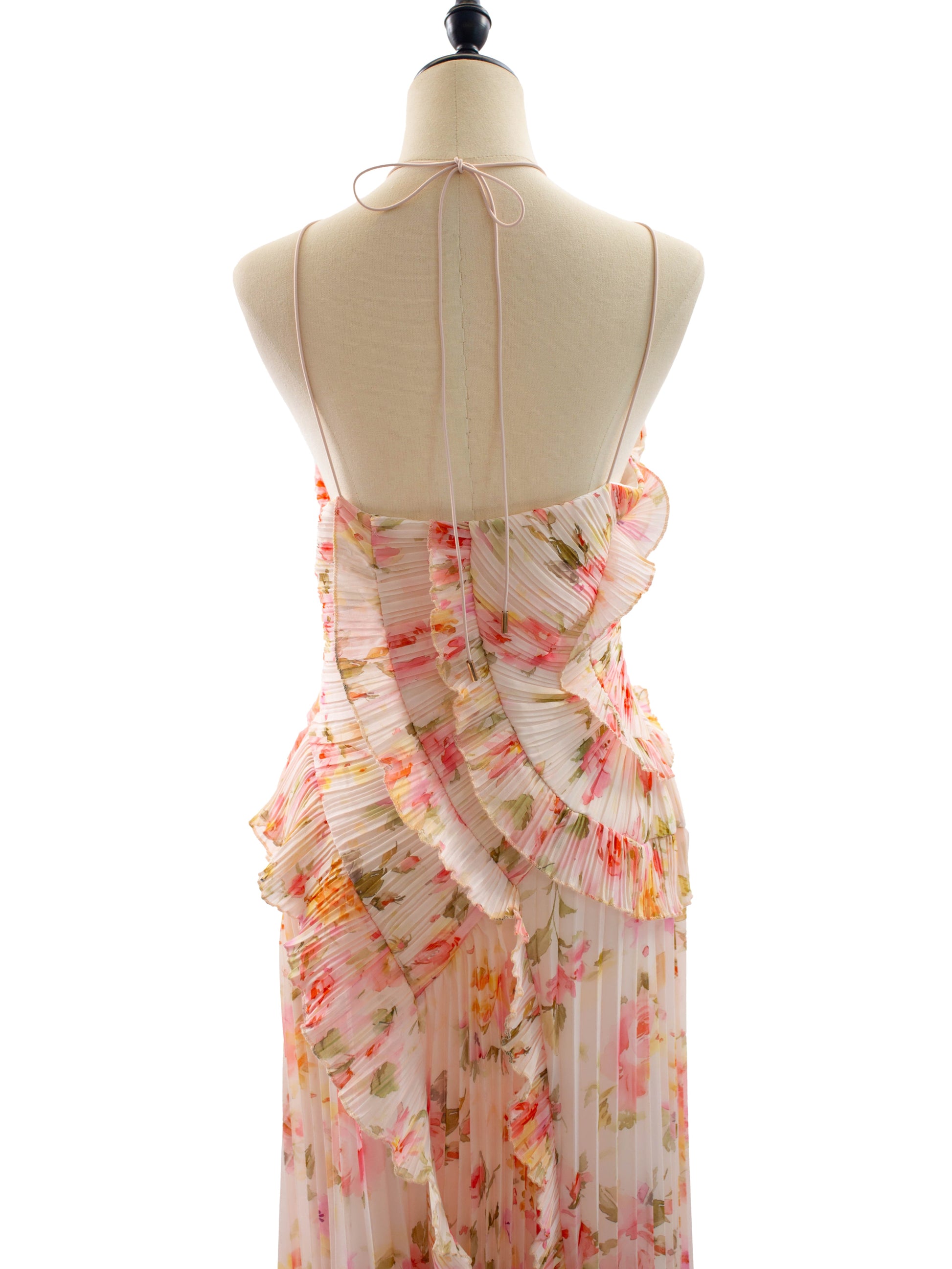 Date Night Dresses Maxi Asymmetrical Pleated Ruffles Sleeveless Floral Print Halter Elegant Dress