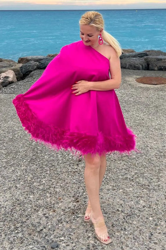 Ailani Feather Trim One Shoulder Mini Dress-Pink