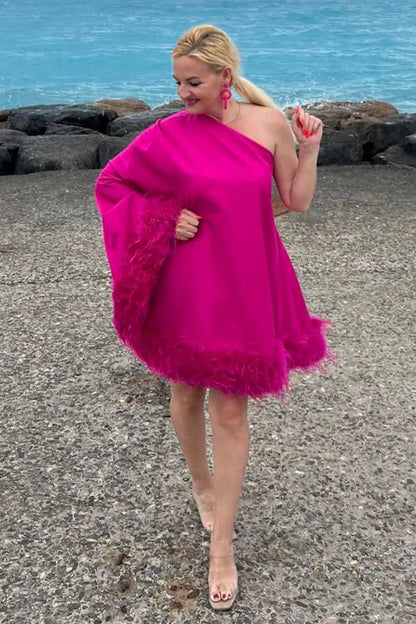 Ailani Feather Trim One Shoulder Mini Dress-Pink