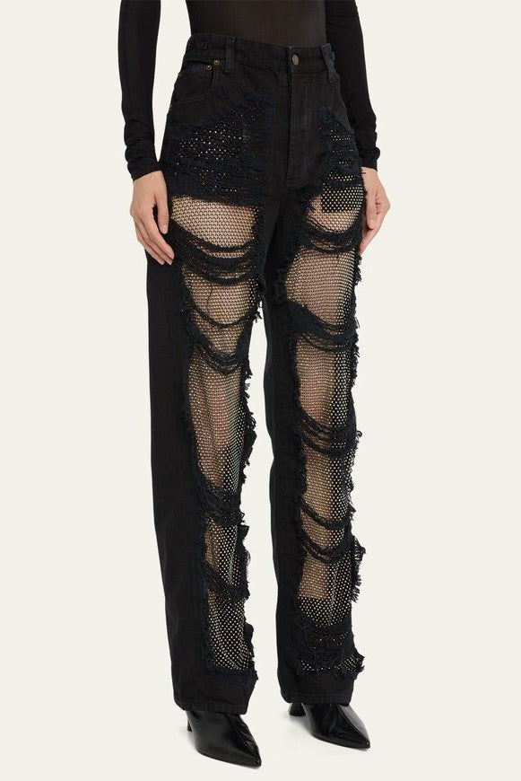 Ainsley Crystal Mesh Straight-Leg Jeans