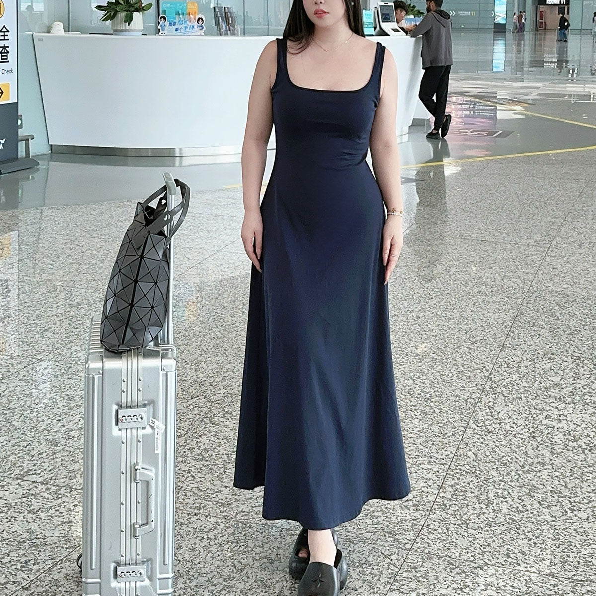 French Square-Neck Wide-Strap Slip Dress Plus-Size