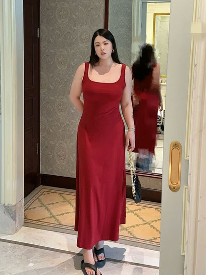 French Square-Neck Wide-Strap Slip Dress Plus-Size