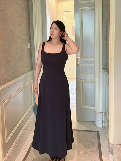 French Square-Neck Wide-Strap Slip Dress Plus-Size