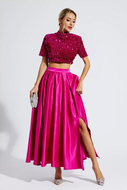 Aisha Sequin Bow Lace-up Set- Rose Red