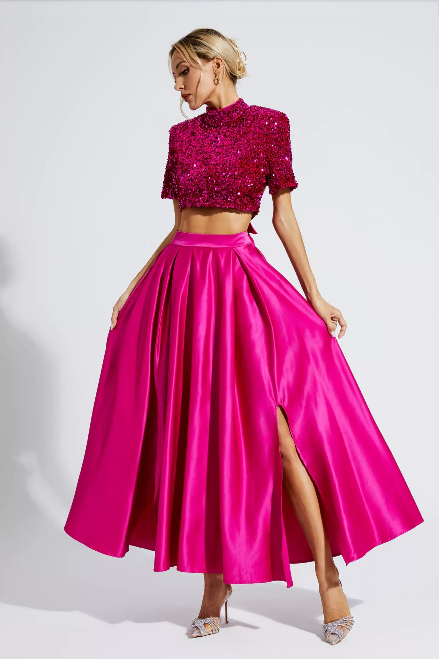 Aisha Sequin Bow Lace-up Set- Rose Red