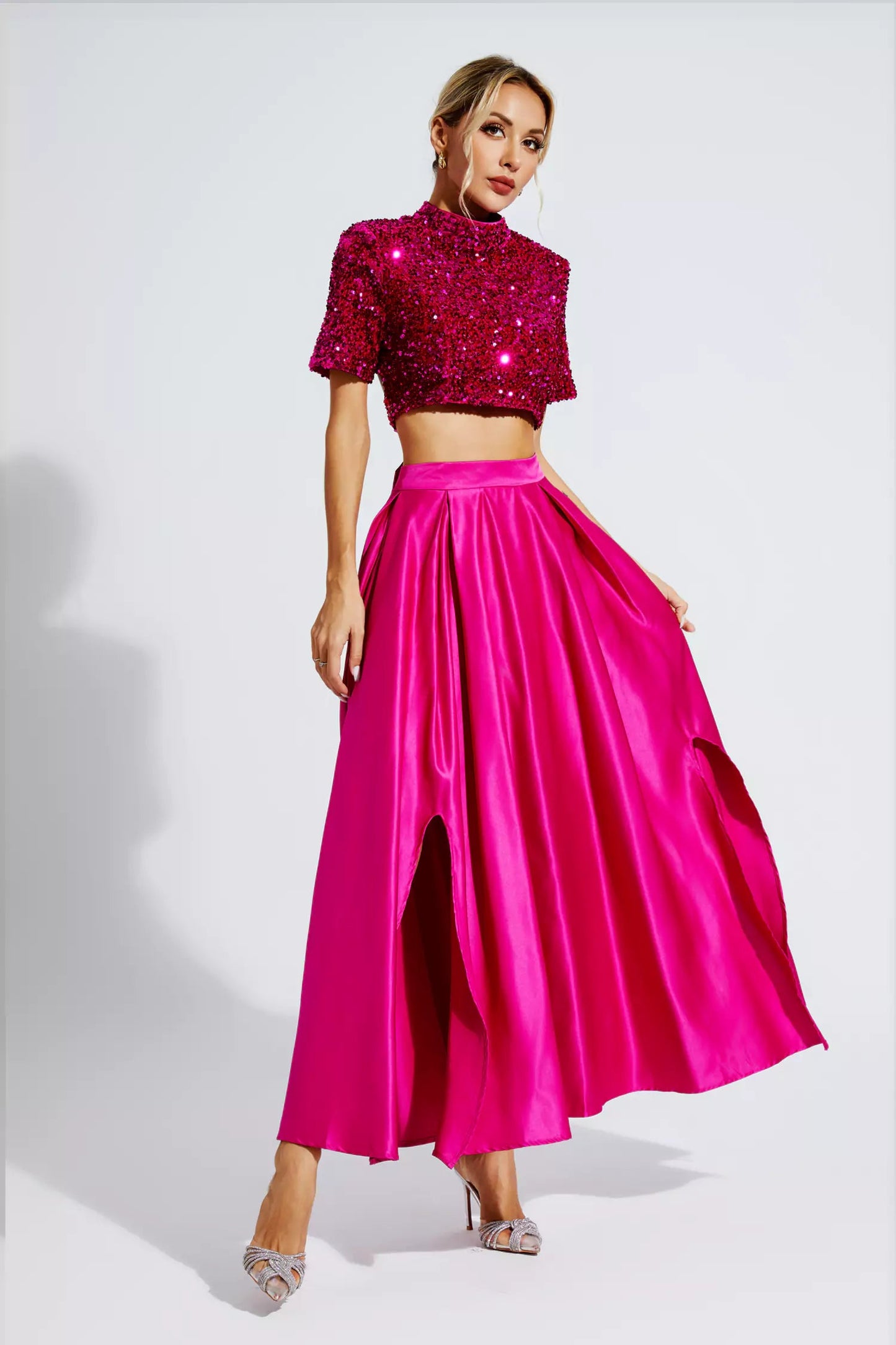 Aisha Sequin Bow Lace-up Set- Rose Red