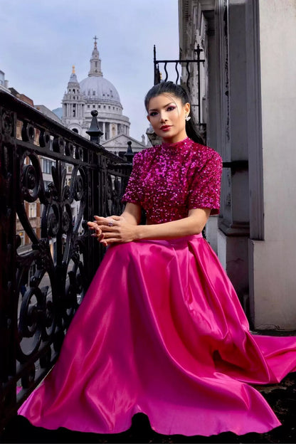 Aisha Sequin Bow Lace-up Set- Rose Red