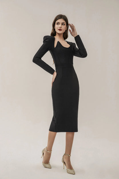 Alaina Black Long Sleeve Midi Work Dress