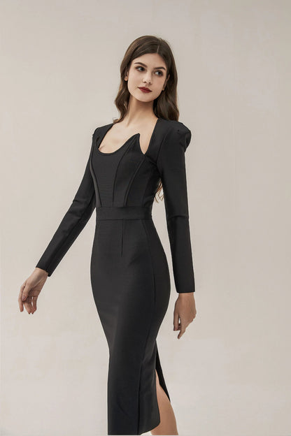 Alaina Black Long Sleeve Midi Work Dress