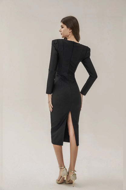 Alaina Black Long Sleeve Midi Work Dress