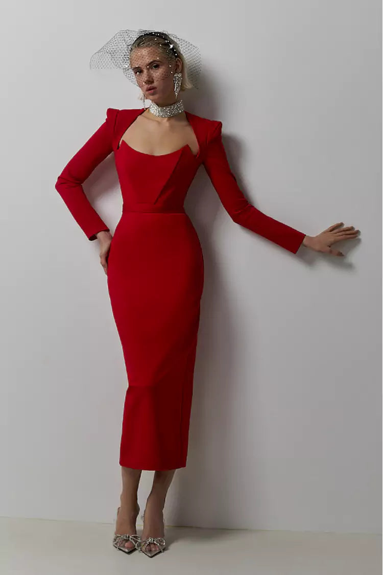 Alaina Red Long Sleeve Midi Work Dress