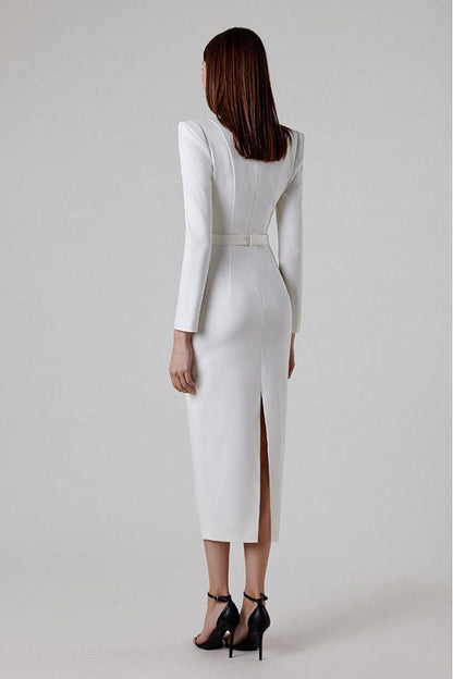 Alaina White Long Sleeve Midi Work Dress