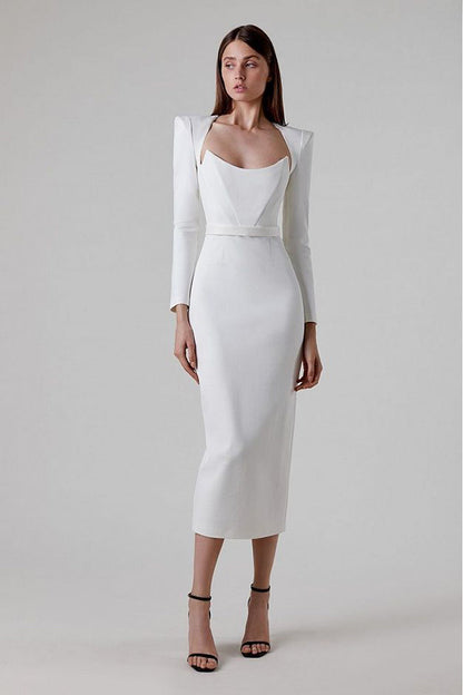 Alaina White Long Sleeve Midi Work Dress