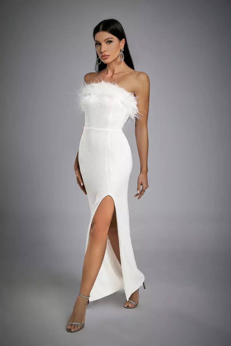 Alayna White Feather Sequin Dress