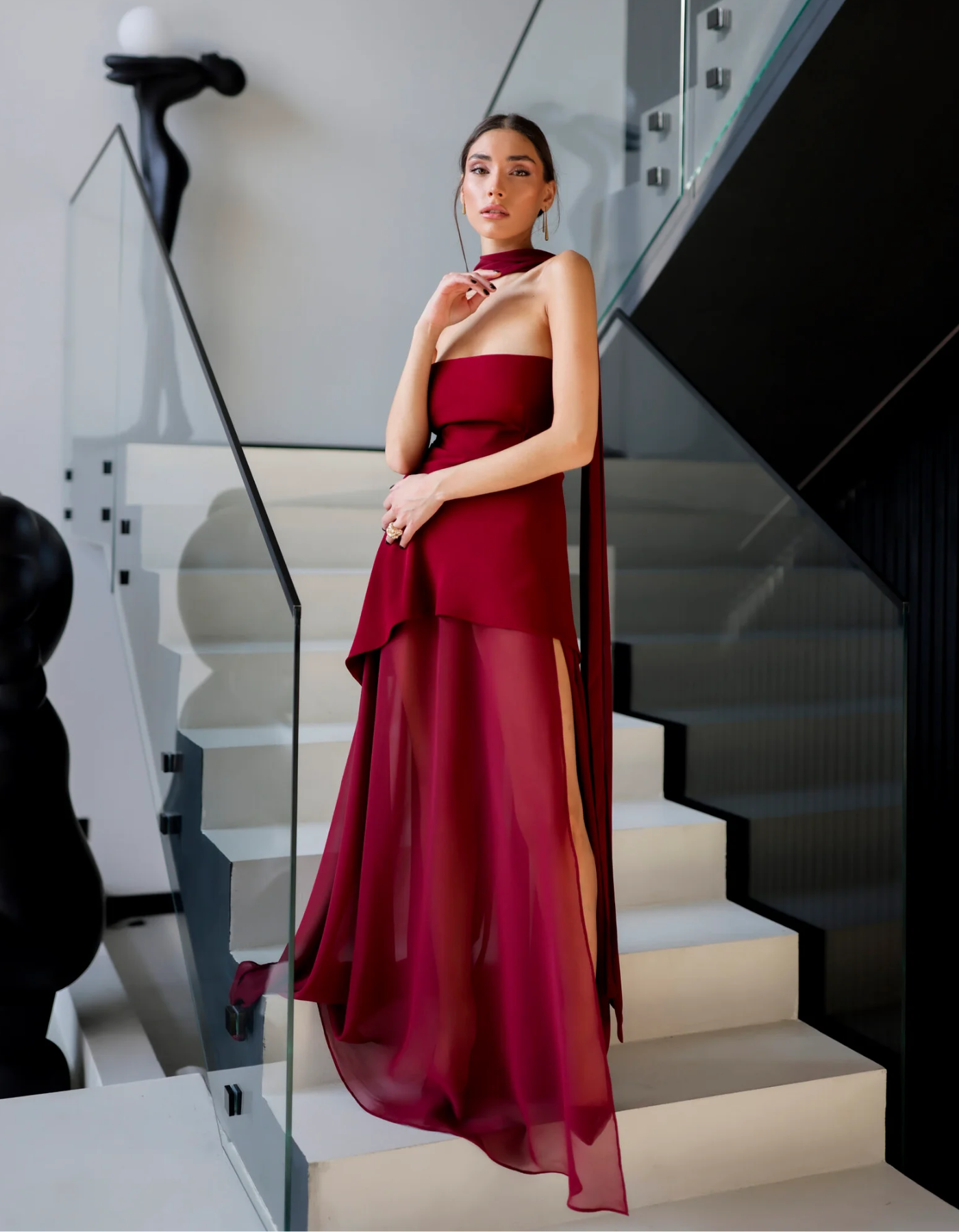 Albarine | Asymmetric overlay chiffon maxi dress