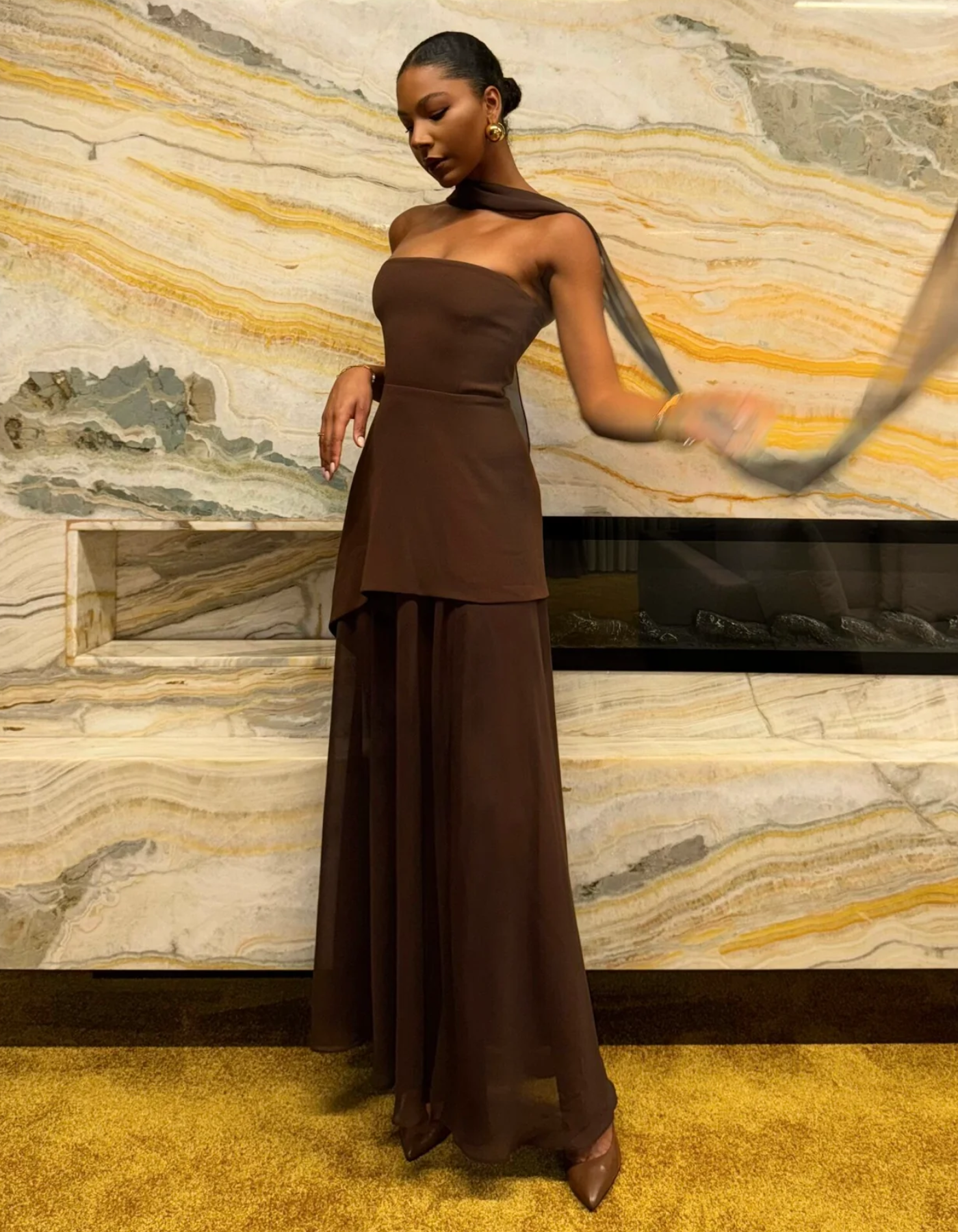 Albarine | Asymmetric overlay chiffon maxi dress