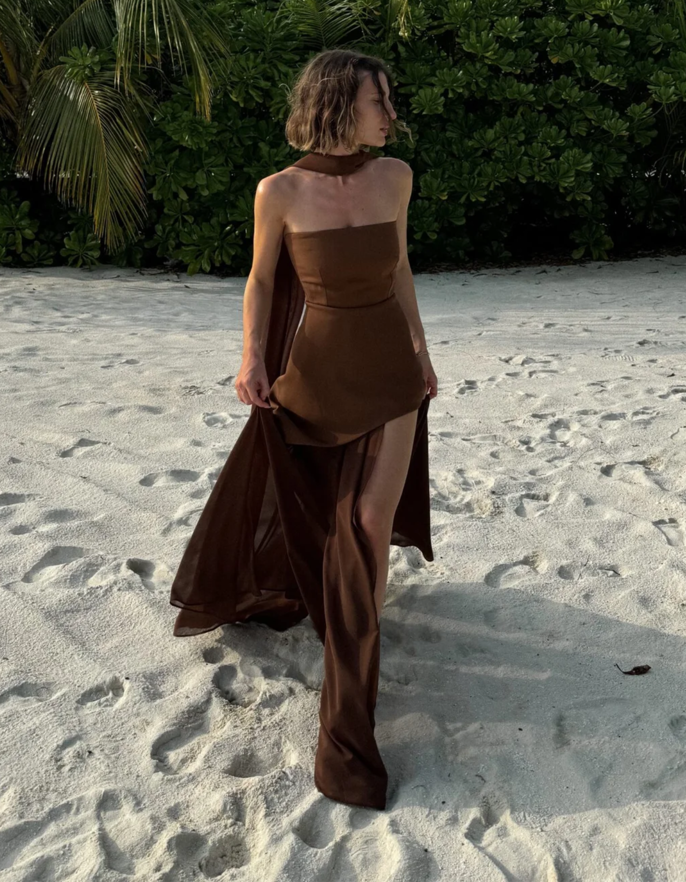 Albarine | Asymmetric overlay chiffon maxi dress