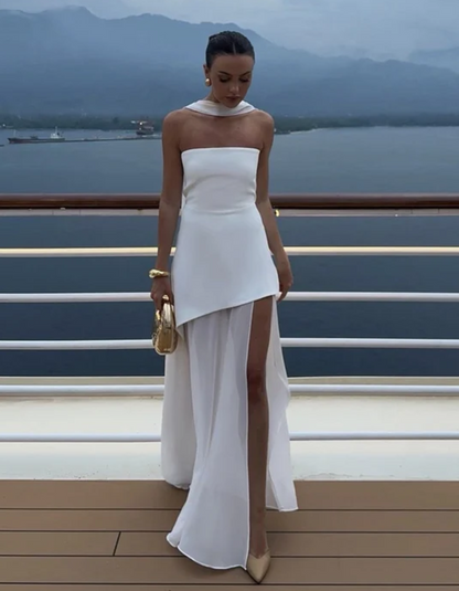 Albarine | Asymmetric overlay chiffon maxi dress