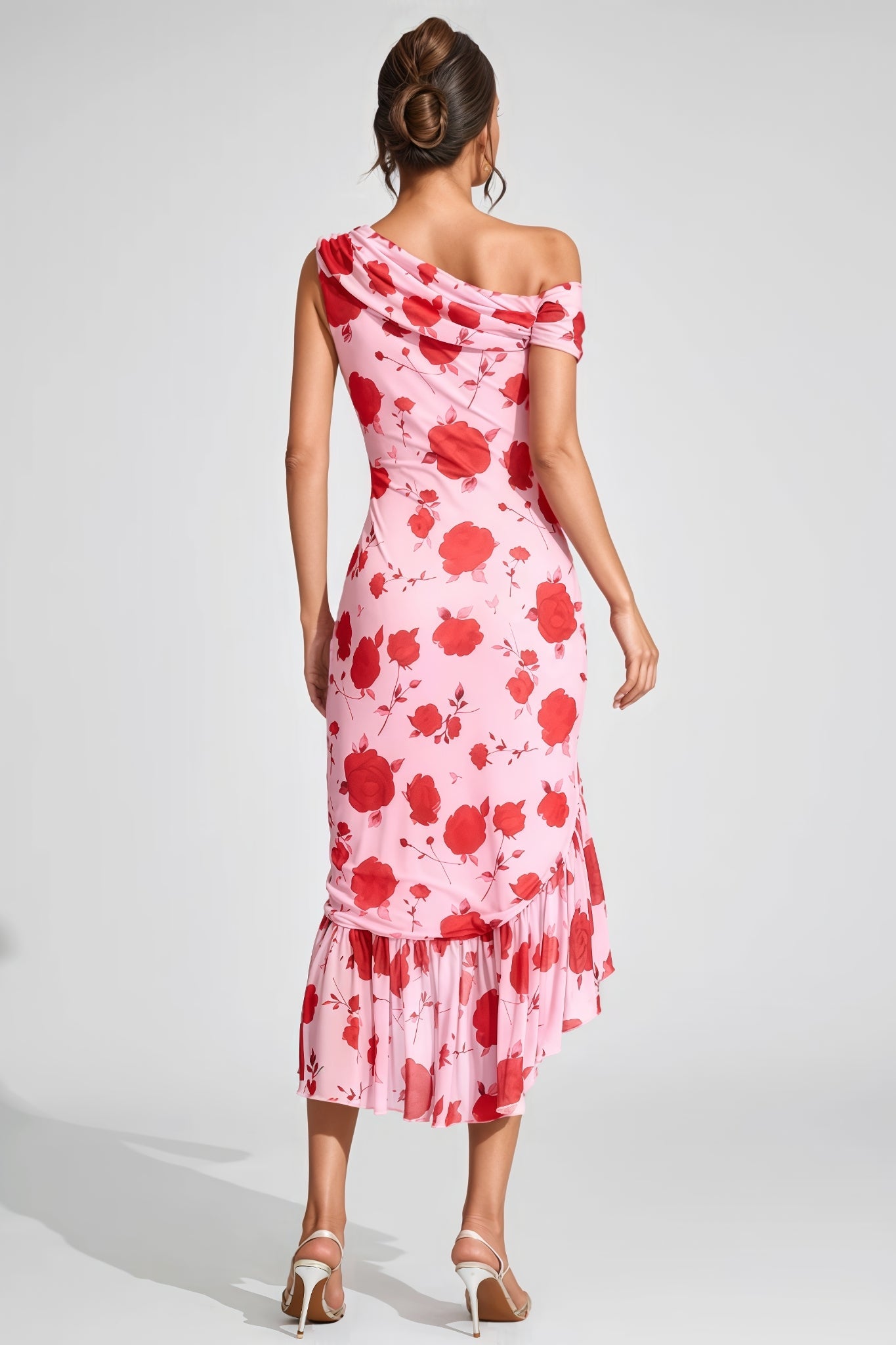 Eugene Pink Rose Print One Shoulder Midi Dress