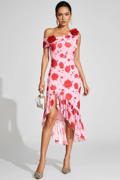 Eugene Pink Rose Print One Shoulder Midi Dress