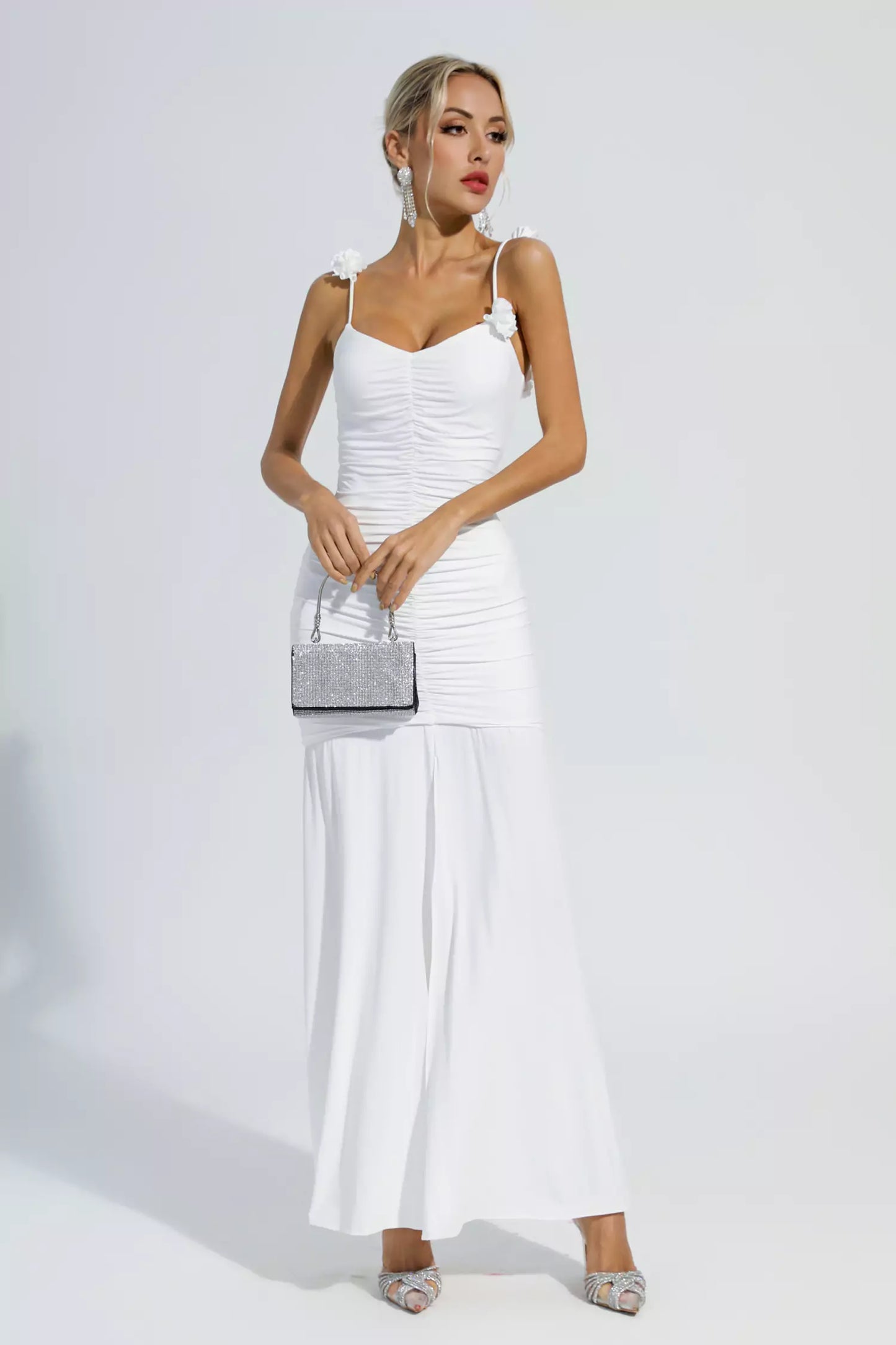 Alia White Floral Ruched Slip Maxi Dress